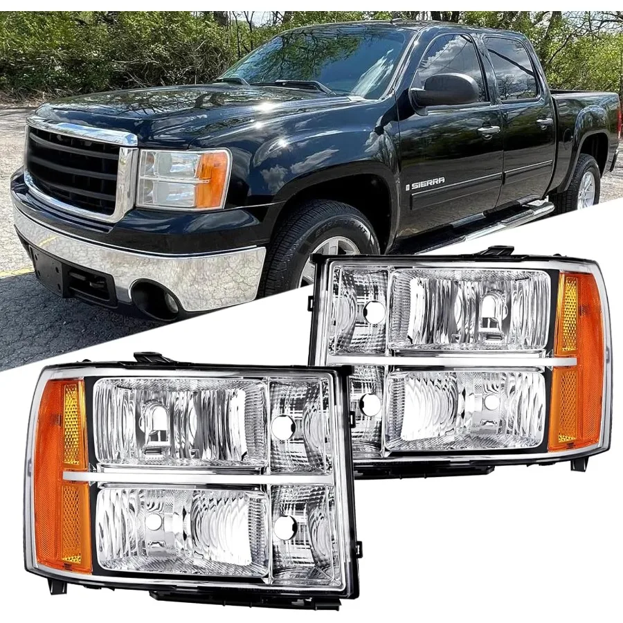 

Фары в сборе, совместимые с автомобилями GMC Sierra 1500 2500HD 3500HD 2007 года, хромированный корпус с янтарным отражателем для Enh