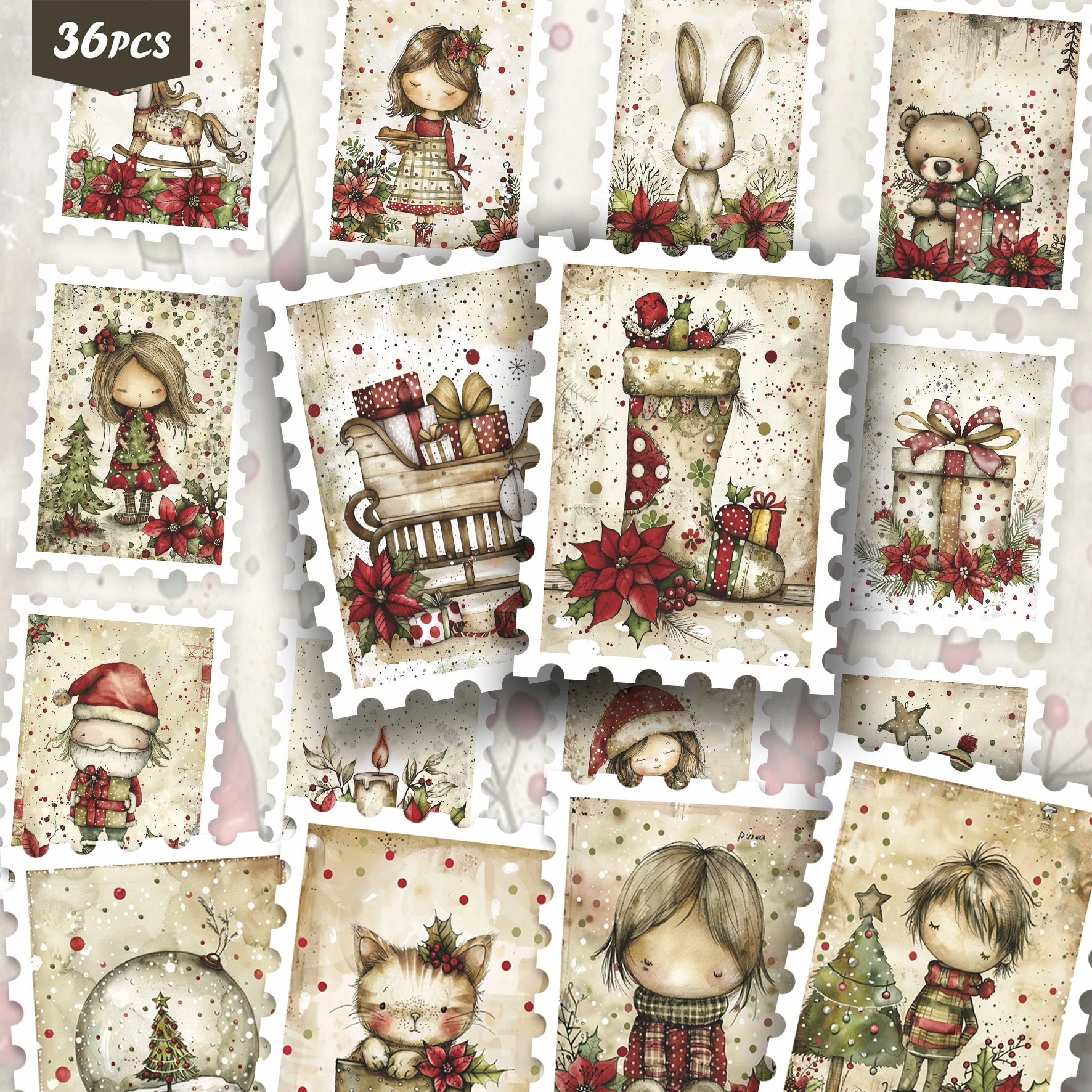 36PCS Retro Xmas Decorative Sticker Set, warm festive scene illustrations, gentle old‑time vibe, perfect for journals, for pads