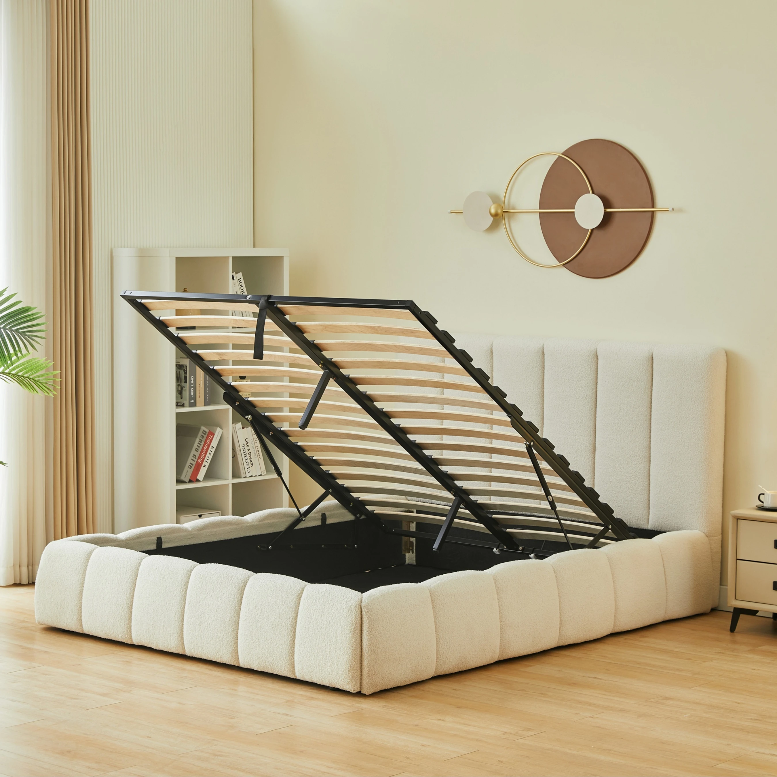 

Wholesale Minimalist Nordic Modern Upholstered Wooden Bedframe Teddy White King Size Gas Lift up Bed Frame With Storagepromote s