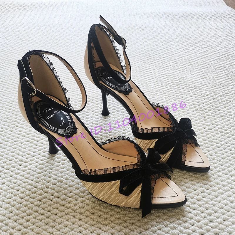 

Summer New Sexy Lace Bow Women Sandals Luxury Designer Mixed Colors Peep Toe Ankle Buckle Strap High Heels Party Stiletto Shoes
