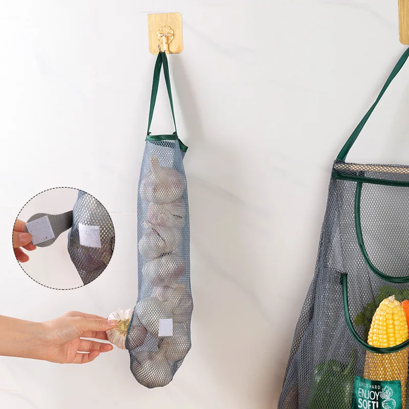 Reusable Kitchen Hanging Mesh Bag Home Fruit and Vegetable Net Pocket Hollow Storage Net Bag for Ginger Garlic Potatoes Onions