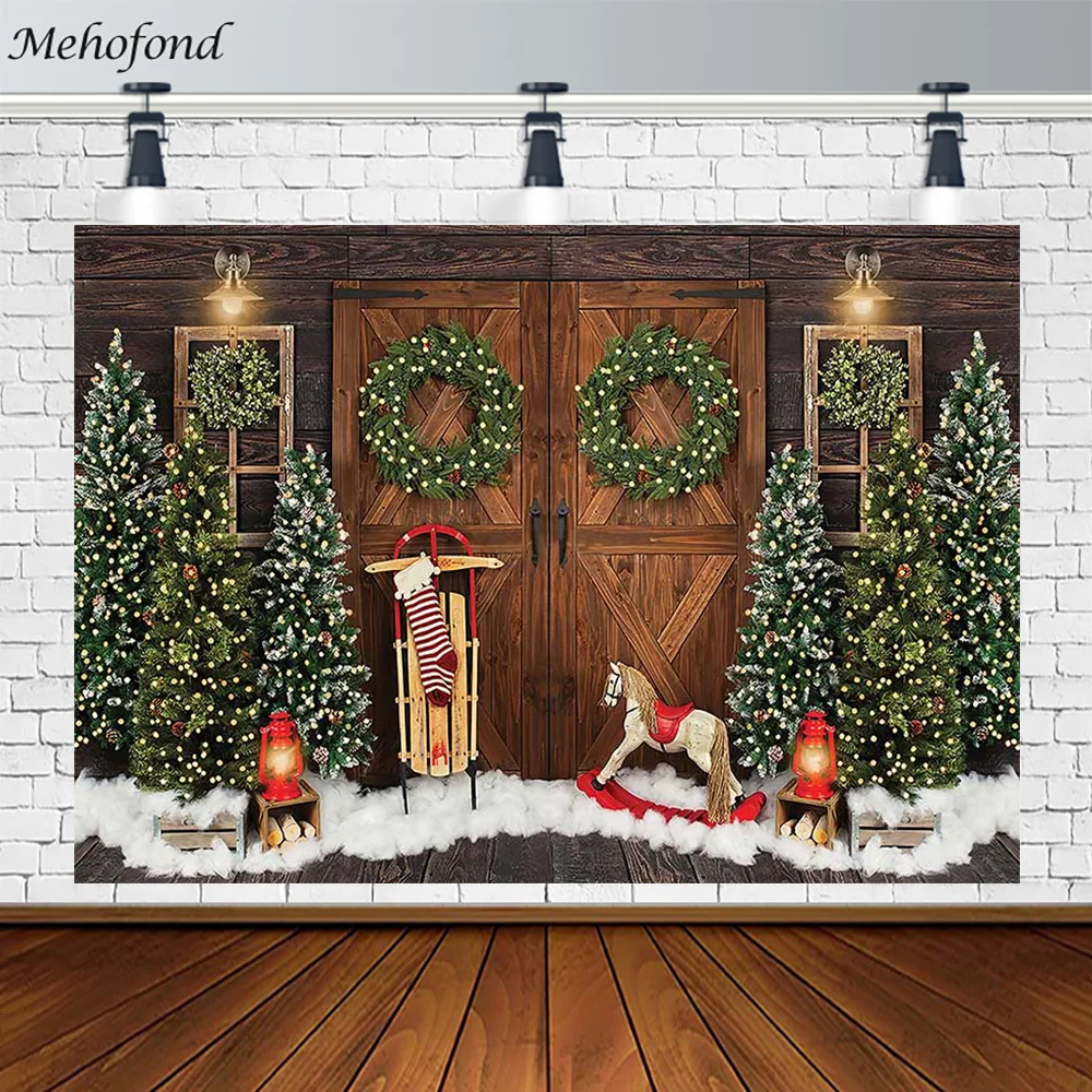 

X-mas Backdrop Wooden Door Christmas Tree Green Wreath Toy Wooden Horse Kids Portrait Photography Background Photo Studio Props