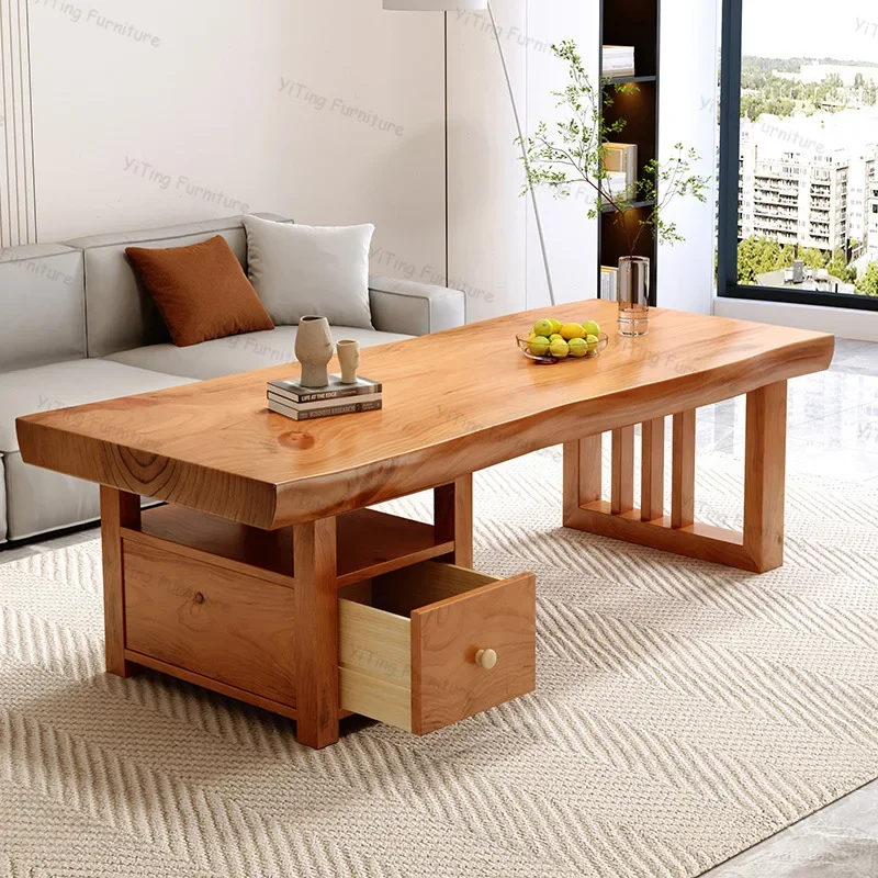 Nordic Modern Coffee Table Whole Board Natural Edge Tassel Design Sofa Tables Solid Wood  Living Room Mesa Drawer Home Furniture