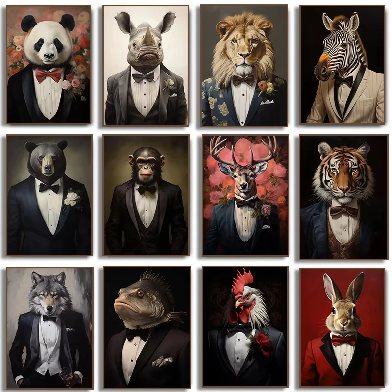 Human Body Animal Head Posters Lion Suit Giraffe Tiger Zebra Fox Wolf Panda Pictures Wall Art Canvas Paintings Room Home Decor