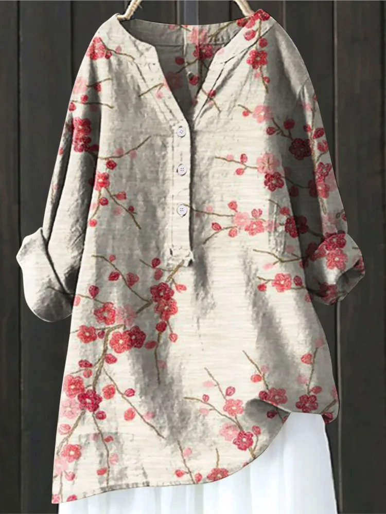 2024 Fashion Buttons Long Sleeve Linen Tops And Blouses Women Autumn Loose Casual Solid Print Shirts Women\'s Top Femme Blouse