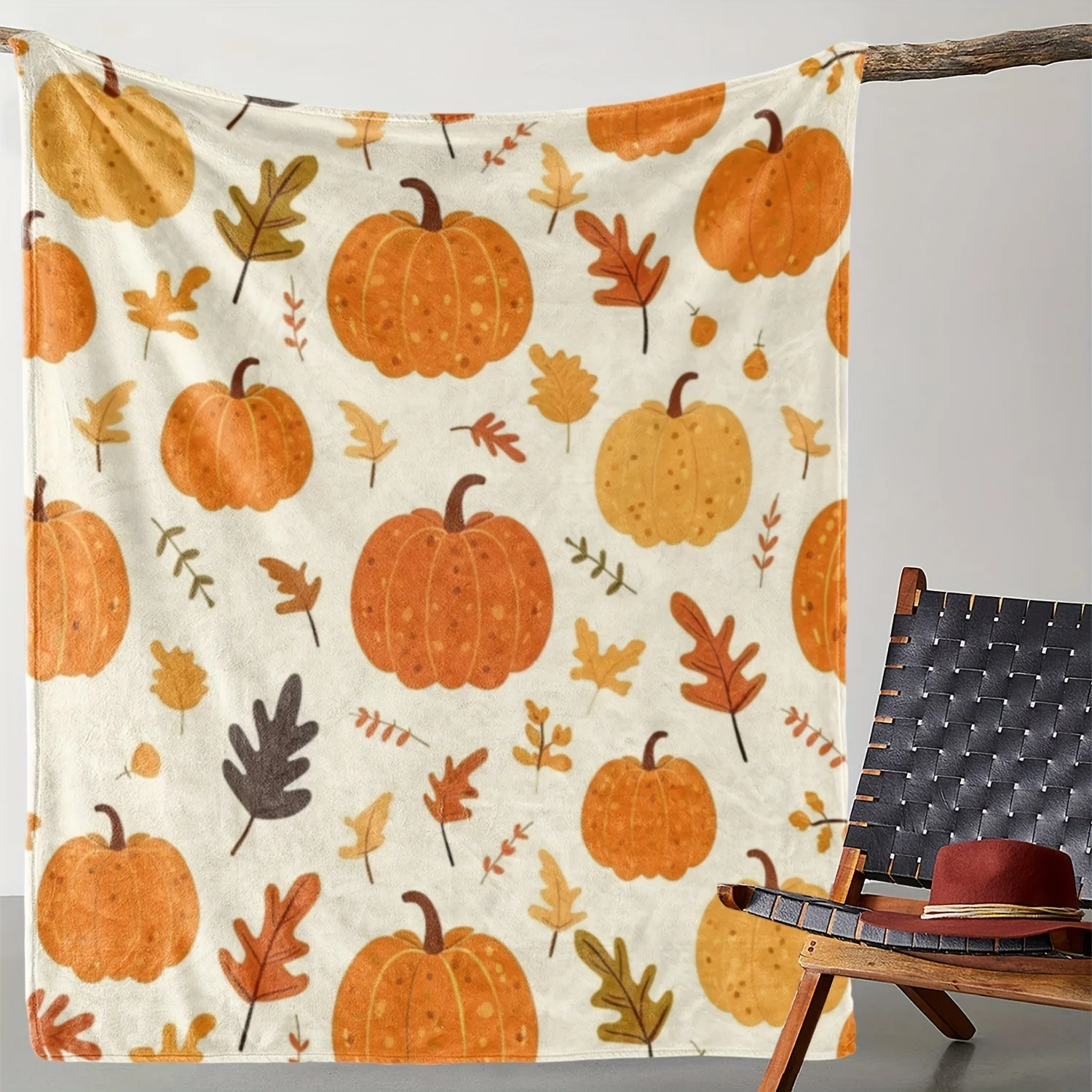 Vintage Flannel Throw Blanket with Autumn Pumpkin and Maple Leaf Print - Soft, Warm, Cozy Digital Printed 100% Polyester Knit