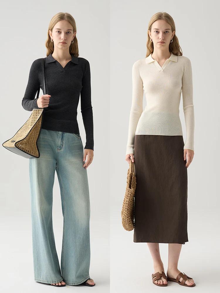 

Женский вязаный свитер из 100% шерсти, белый, из пряжи Yangzi, 48 петель, базовый слой, в полоску, повседневный, приталенный крой