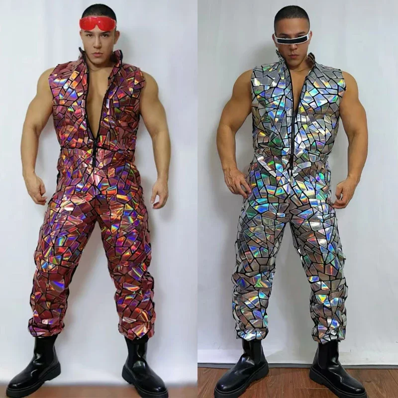 Illusionary Reflective Mirrors Jumpsuit Men Sexy Pole Dance Outfit Gogo Costume Nightclub Ds Dj Rave Clothes Stage Wear