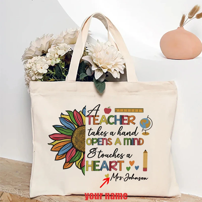 Custom Teacher Name Canvas Tote Bag Personalized Teacher Appreciation Gift Shopping Bag Back To School Gifts Shoulder Bag