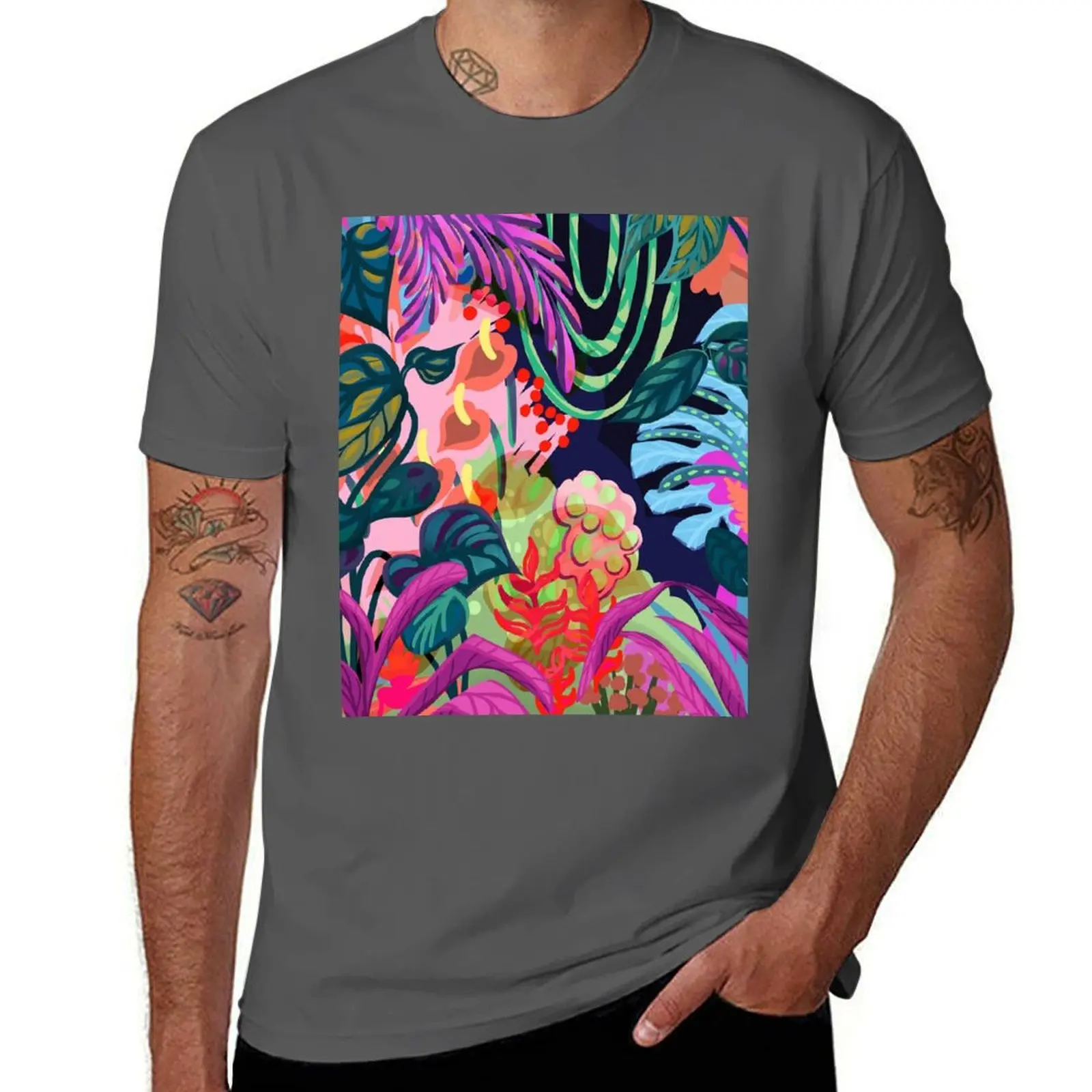 Abstract Hawaiian Colorful Tropical Plant Collage T-Shirt Plus Size Comfort Fit Tee