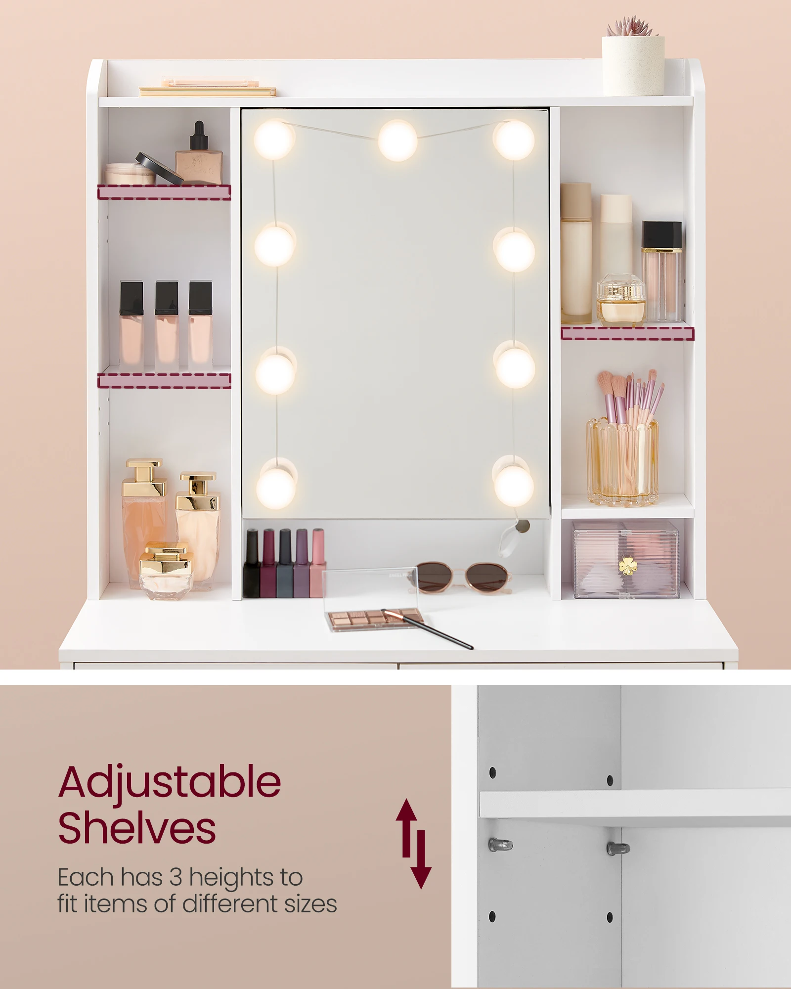 Adjustable 3 Colours LED Dressing Table Modern White Vanity Table With Mirror Makeup Table