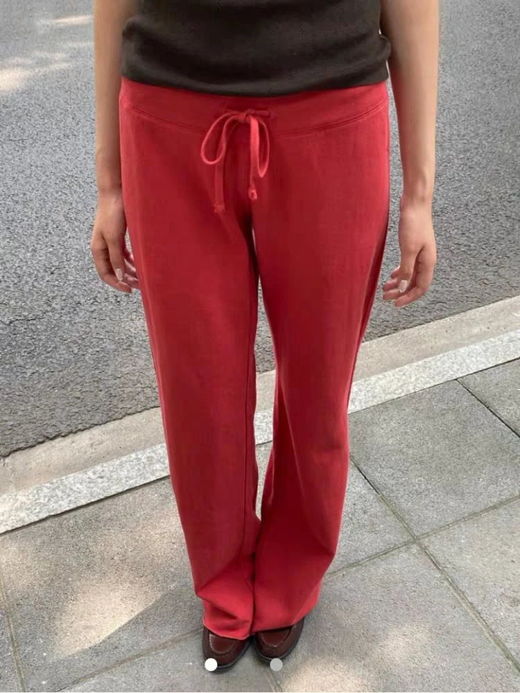 Red Drawstring Straight Sweatpant Autumn Raw Hem Low Waist Cotton Sport Trousers Casual Streetwear Preppy Style Woman's Pant Y2k