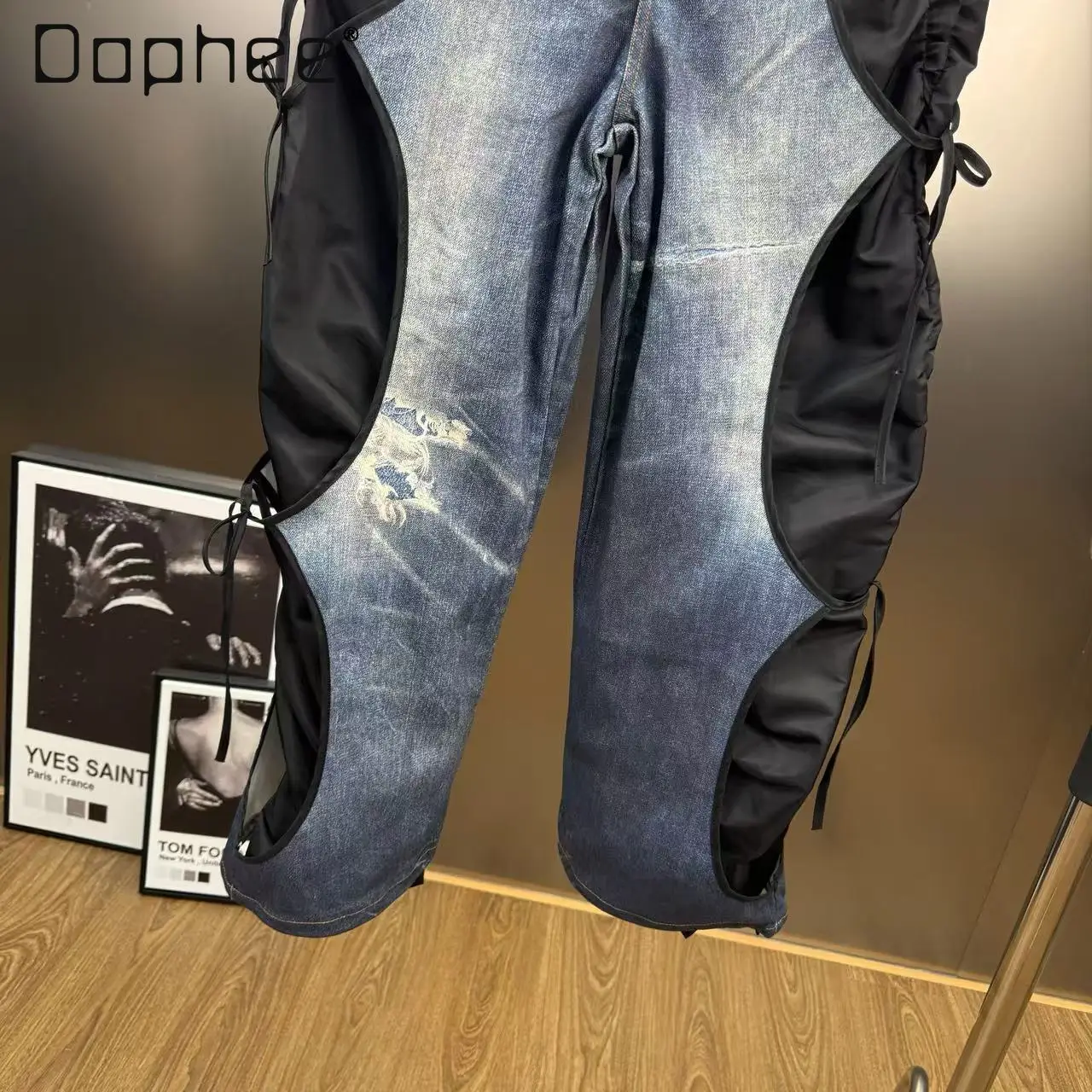 2026 frühling Straße Persönlichkeit Patchwork Schwarz Cargo Hosen Frauen Aushöhlen American Hot Girl Jeans Lose Gerade Lange Hosen