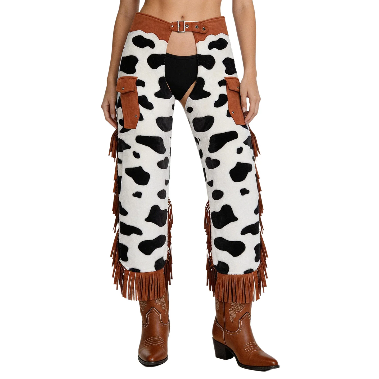 Womens Cowgirls Flannel Chaps Cowboy Costume Bottoms Cow Spot Print Side Tassel Hollow Out Adjustable Waist Assless Capri Pants view 3