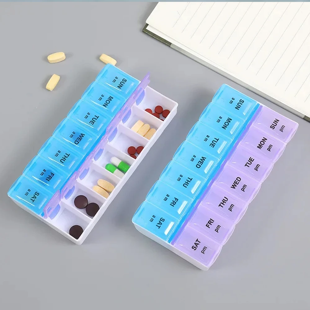 علبة حبوب منع الحمل 7 أيام أسبوعي صندوق تخزين الأدوية صف مزدوج 14 شبكة Tablte موزع المنظم غطاء مفتوح حاوية أدوات الإسعافات الأولية