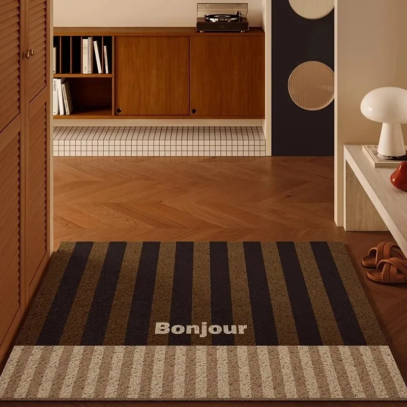 Retro Vertical Stripe Bonjour Letter PVC Loop Doormat Cuttable Dust Removal Non Slip Wear Resistant Floor Rug Door Entryway