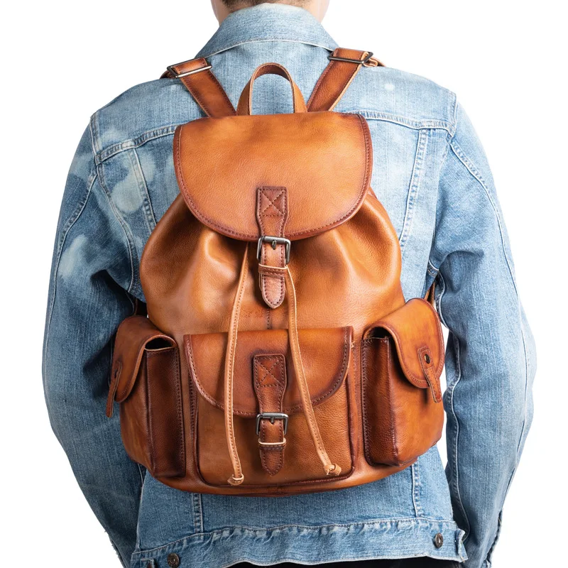 Natural Leather Men Backpack Handmade Genuine Leather Laptop Backpack Vintage Travel Bags Large Capacity Boys Shoolbags