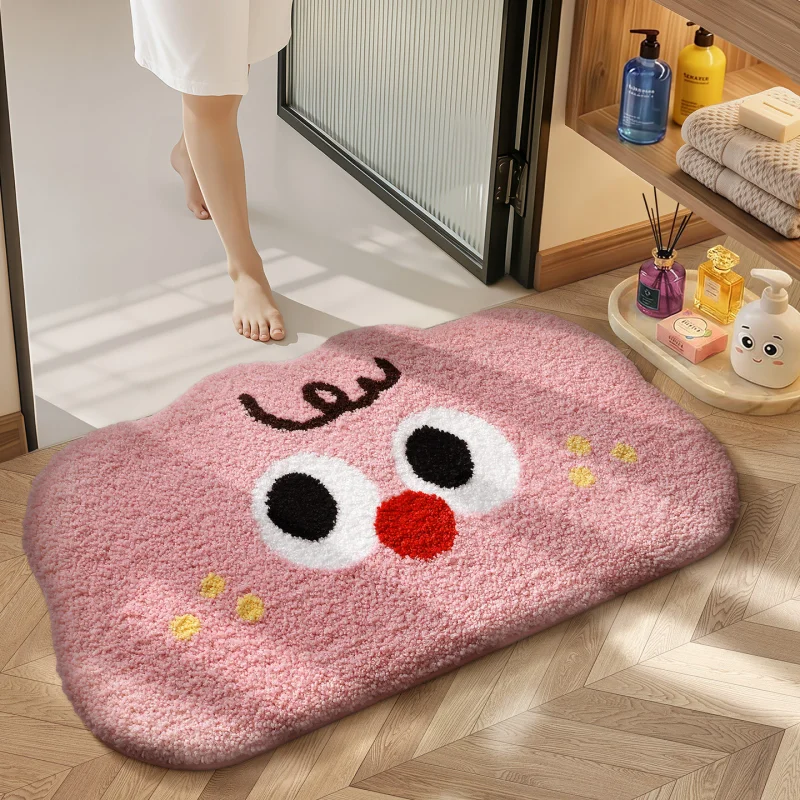 VIKAMA Minimal Soft White Cloud Floor Mat Cute Big Eye Blue Nose Design Irregular Non Slip Fluffy Bathroom Decor