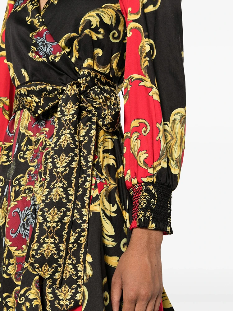 CHICEVER-minivestido con estampado Vintage para mujer, ropa elegante con cuello en V, manga farol, cintura alta, Patchwork, con cordones, nuevo