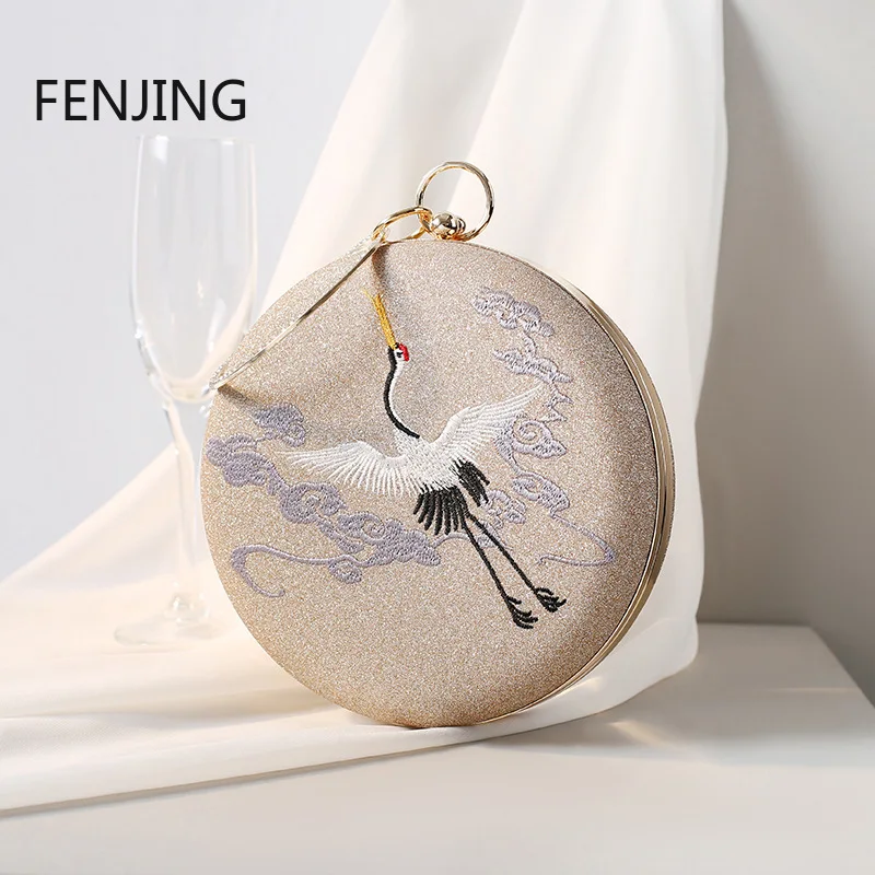 

New Women's Retro Crane Embroidered evening Bag Round Handbag Banquet Messenger Bag for Women Dinner Circular Purse Clutches Sac