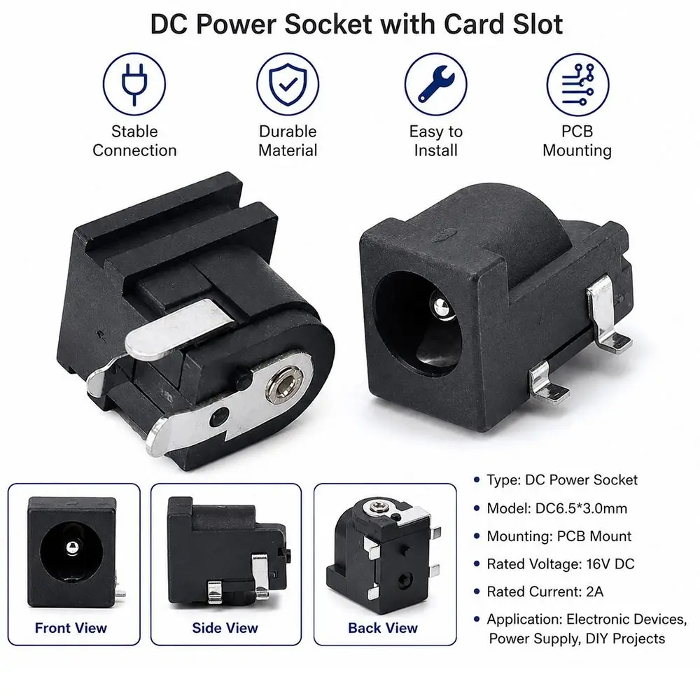 10Pcs 5.5x2.1mm 5.5x2.5mm 6.5x3.0mm Female DC Power Jack Black 3Pin Charging Port Connector Through Hole Mounting Plastic Metal