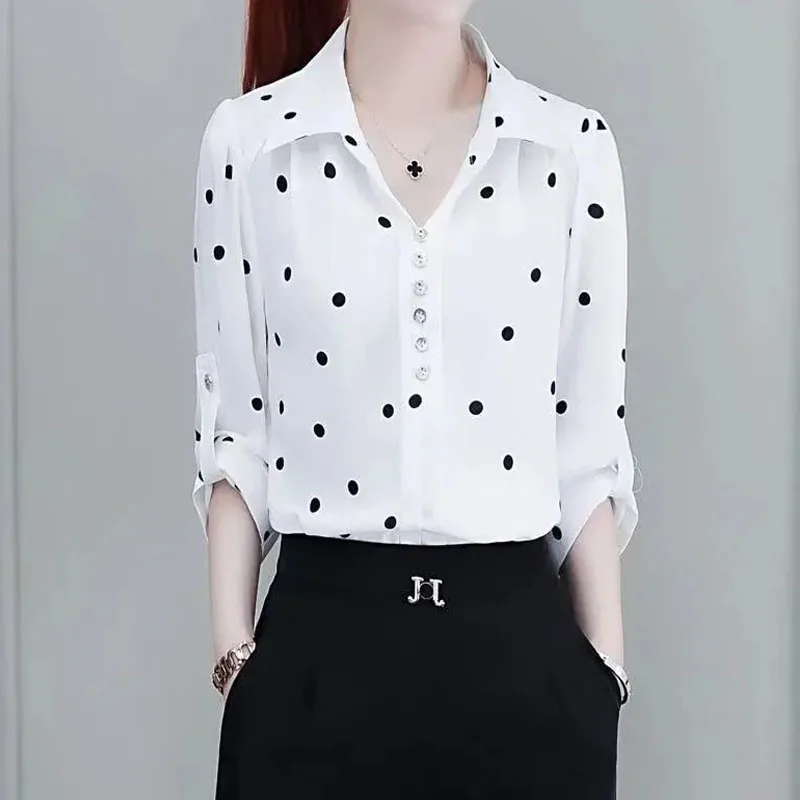 Office Lady Commuter Turn-down Collar Polka Dot Print Blouses Summer New Women\'s Clothing Fashion Button Pullovers Elegant Shirt