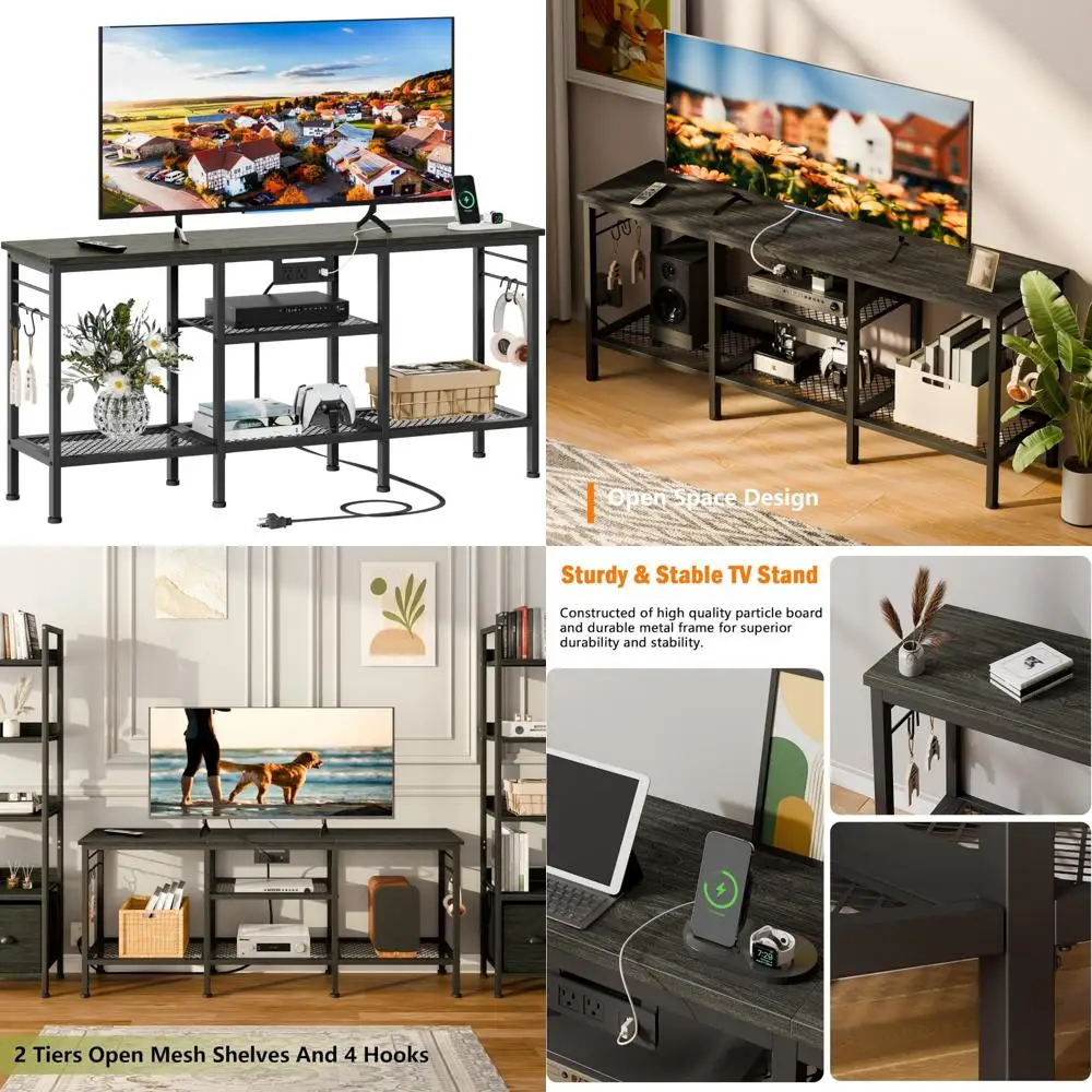 

Мебельная подставка для телевизора со встроенными розетками, развлекательный центр с открытой полкой для телевизоров до 55, медиаконсольный столик