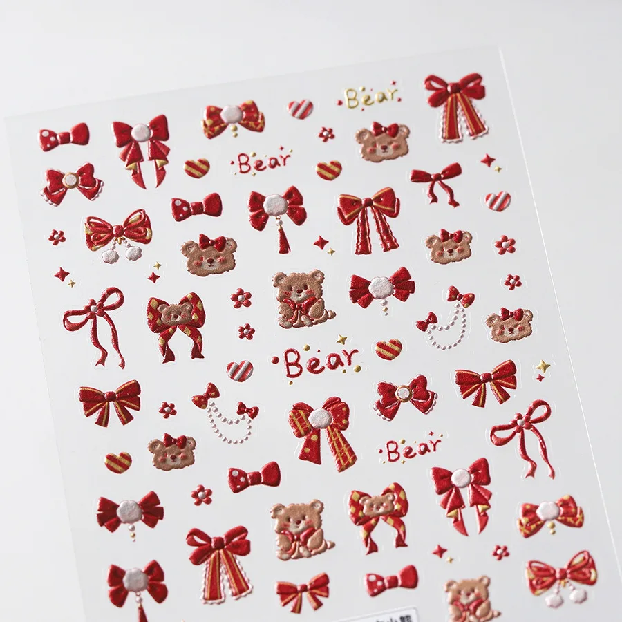 Lovely Cartoon Ribbon Bowknot Bear Snowflake 5D Embossed Reliefs Self Adhesive Nail Art Stickers Cute Manicure Decals Wholesale