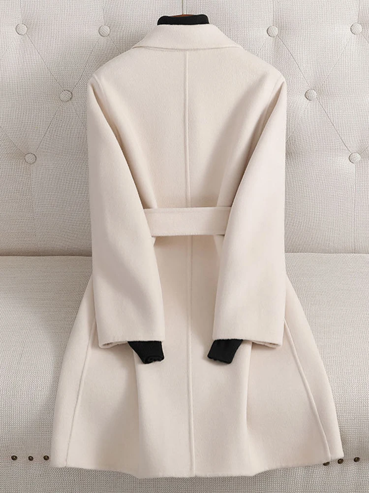 LANMREM High End Wool Long Coat Women Notched Collar Solid Color Belt Gathered Waist Clothing Fashion 2023 Winter New 2AA4334