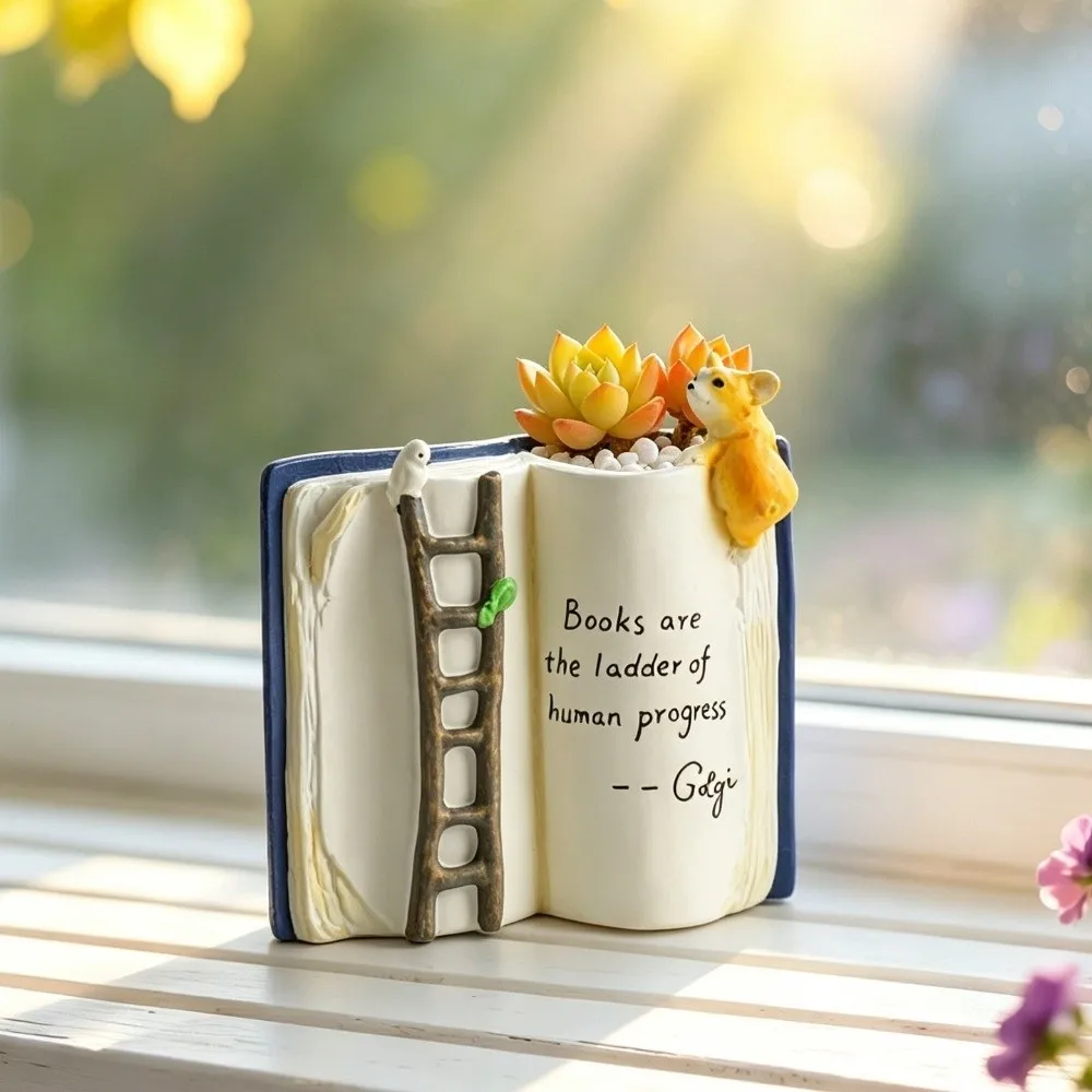 Cartoon Puppy Bird Ladder Planter Compact Adorable Open Book Flower Pot Decorative Polyresin Book-Shaped Planter Office Use