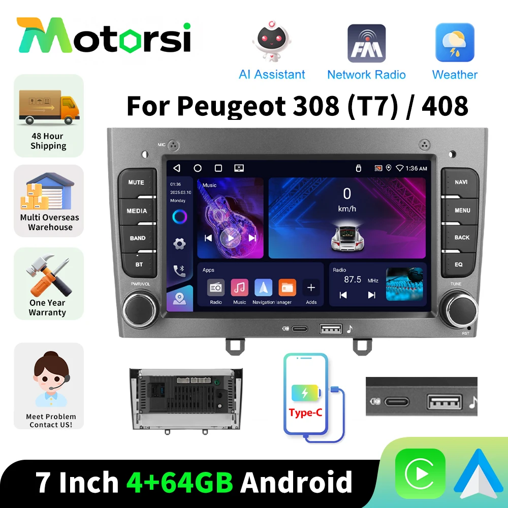 Motorsi 4 + 64G autoradio CarPlay sans fil pour Peugeot 308 (T7)/408 Android AI voix Android GPS lecteur multimédia de voiture BT FM/RDS