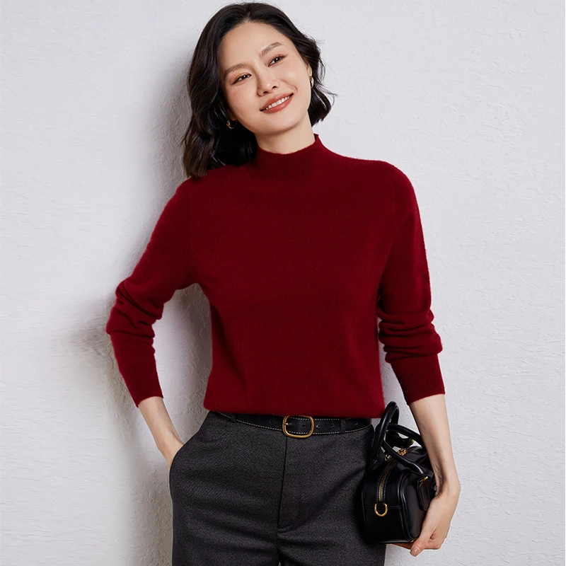 High Quality 100% Australian Wool Women's Half  High Collar Knitted Pullover Spring  Autumn New  Long Sleeved Solid Color Tops