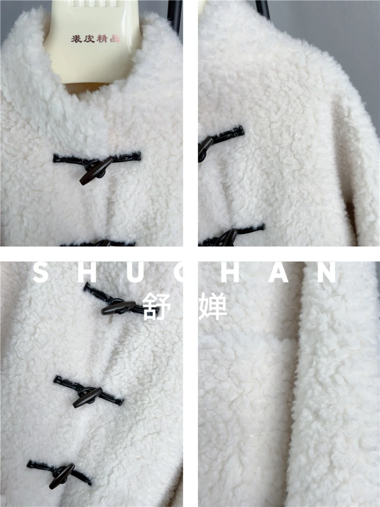 100% casaco de lã feminino novo quente nova jaqueta de lã de cordeiro gola alta chifre fivela casaco de inverno feminino