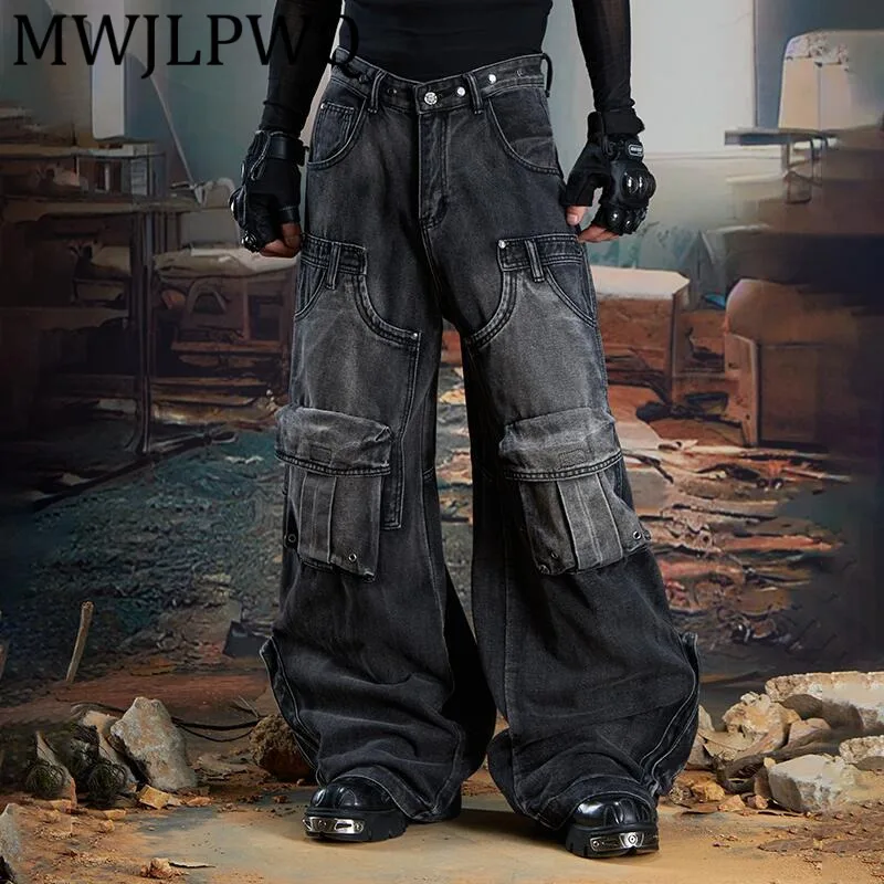 

MWJLPWQ мужские винтажные широкие джинсы с карманами и тяжелой строчкой, свободные повседневные длинные брюки унисекс, осень 2023, 11938