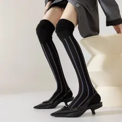 Casual Vertical Stripes Over Knee Stockings Tall Ins Thigh High Socks Pure Cotton Warm Leggings Women