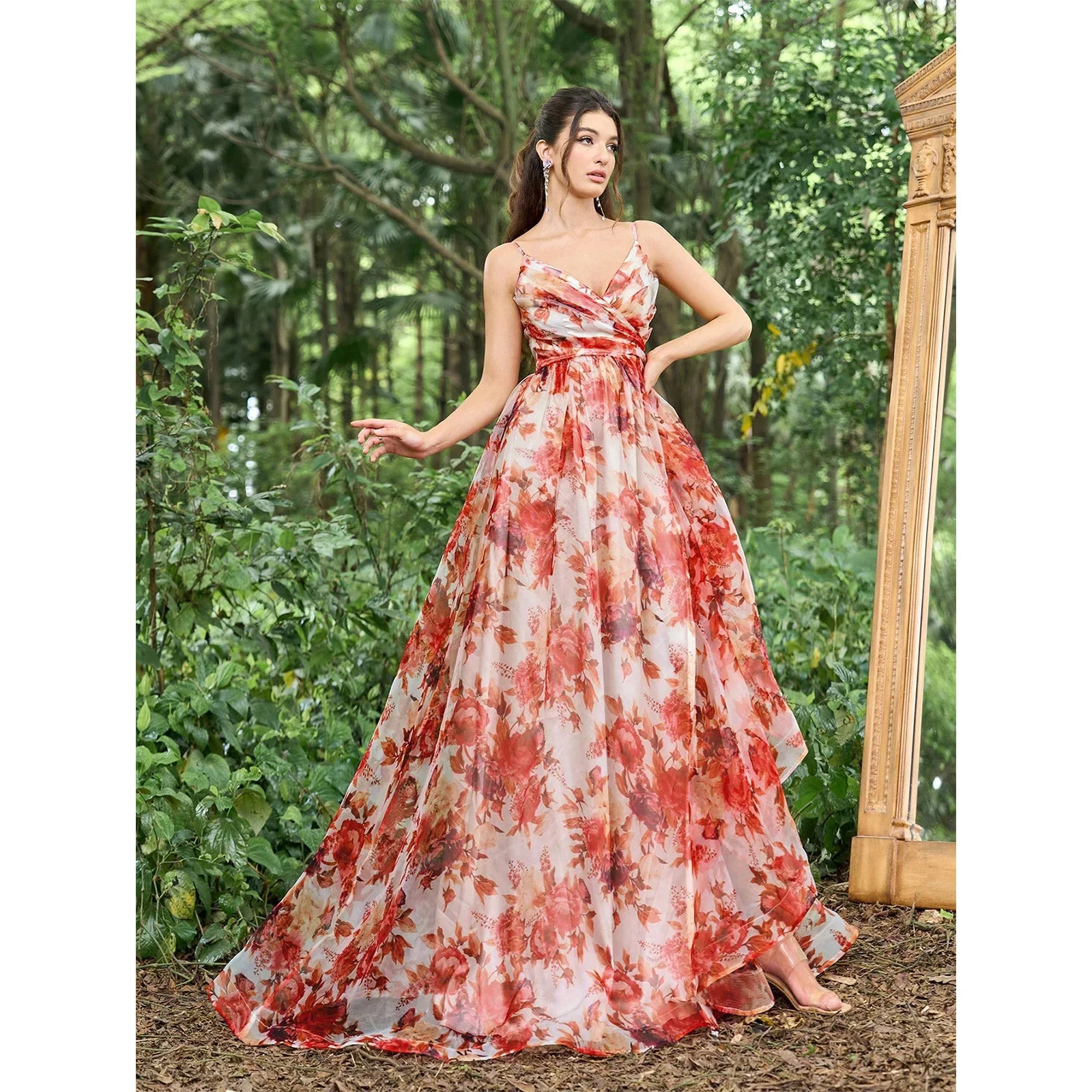 

Adjustable backless spaghetti strap floral print A-line skirt and tiered ruffles at the waist evening dresses 2026