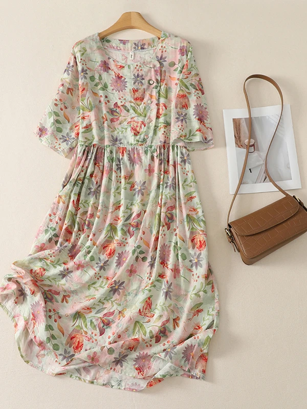 

Elegant Floral Print Maxi Dress Bohemian Style High Waist Loose Fit Short Sleeve Women's plus Size Summer Dress