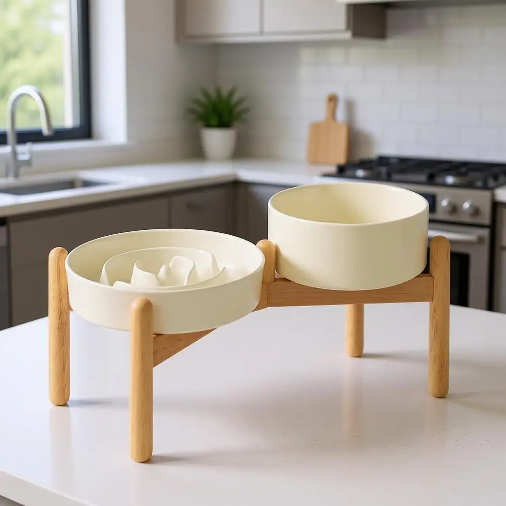 

1.2 Cup Raised Slow Feeder Dog Bowl Set, Elevated 6.1inch Bowl and 7.3inch Puzzle Slow Food Dish with Wooden Stand for Medium an