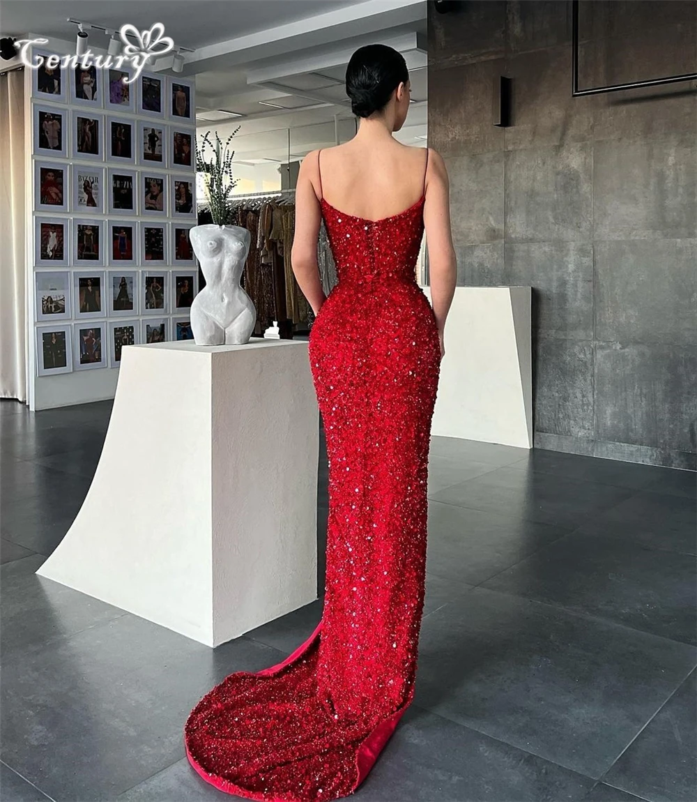 Red Prom Dress Long Sequined Spaghetti Straps Simple Evening Party Gowns Mermaid Formal Dresses Robe De Soiree Customized