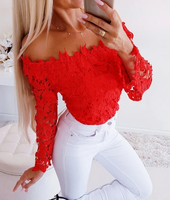 Sexy Blouse for Women 2024 Spring Slash Neck Long Sleeve Off Shoulder Crop Top Lace Hollow Out Slim Fit Blouse Slim Fit Pullover