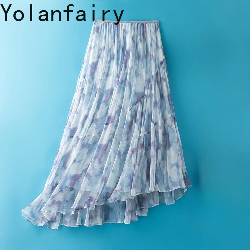 YOLANFAIRY Pure Mulberry Silk Skirts Women's Clothes Summer Fashion Floral Skirt Woman Korean Style Pleated Skirt Streetwear