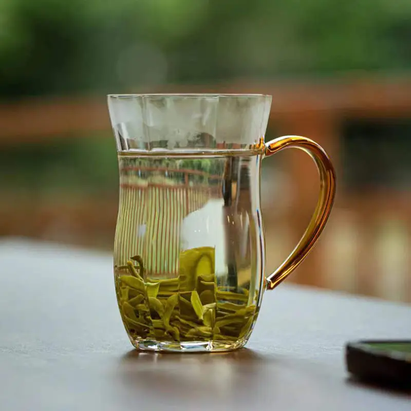 Heat Resistant Glass Green Tea Cups Household High Appearance Level Handwork Transparent Flower Tea Cup with Anti-scald Handle