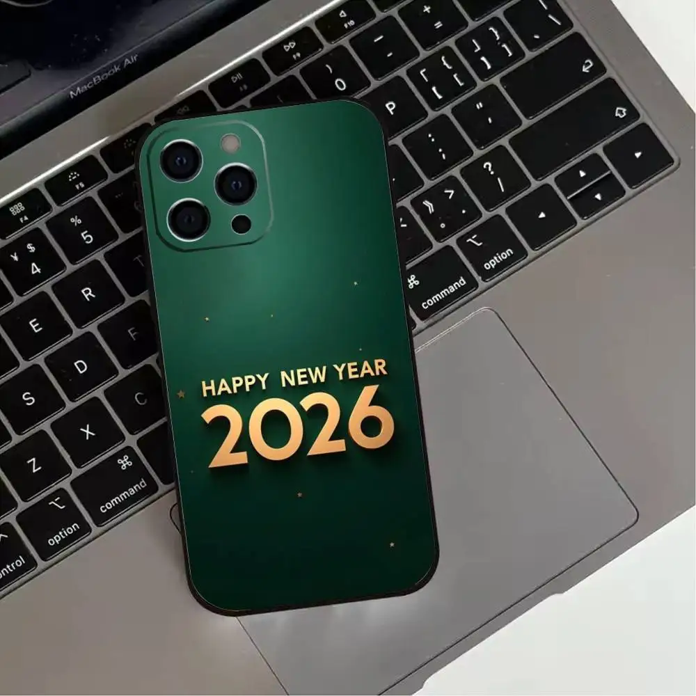 حافظة هاتف N-New Y-Year 2026 لهاتف iPhone 17,16,15,14,13,12,11 Plus، Pro Max، XS، غطاء أسود من السيليكون الناعم