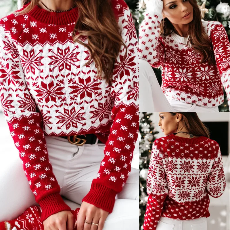 Hot Selling Christmas Women's Sweater Santa Print Long Sleeve Round Neck Christmas Knitted Pullover Sweater Tops Sweater Knitwea