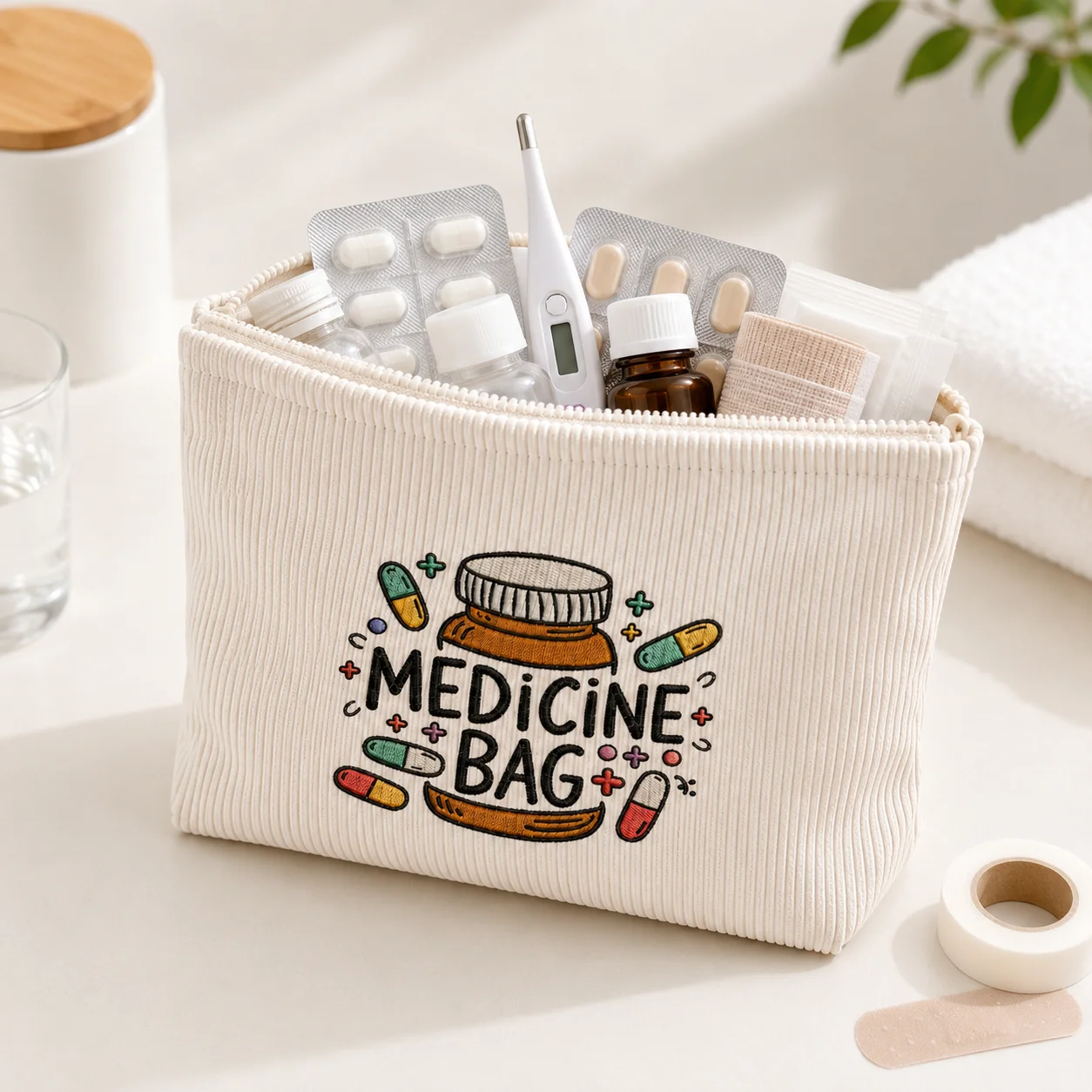 Printing Medicine Bag Soft Corduroy First Aid Pouch for Home Travel Family Medication Organizer Medical Storage Zipper Case view 3