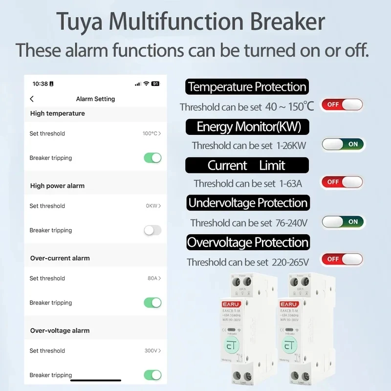 Tuya eWeLink WiFi Smart Circuit Breaker MCB 1P 1-63A Power Energy kWh Voltage Current Meter Monitoring Protector Control Switch