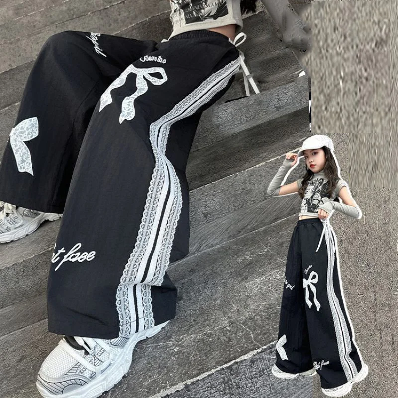 Girls Print Bow Pants Big Children Spring Fashion Lace Tousers Kids Loose Casual Pants Autumn Teenager Wide Leg Tousers 5-14Y