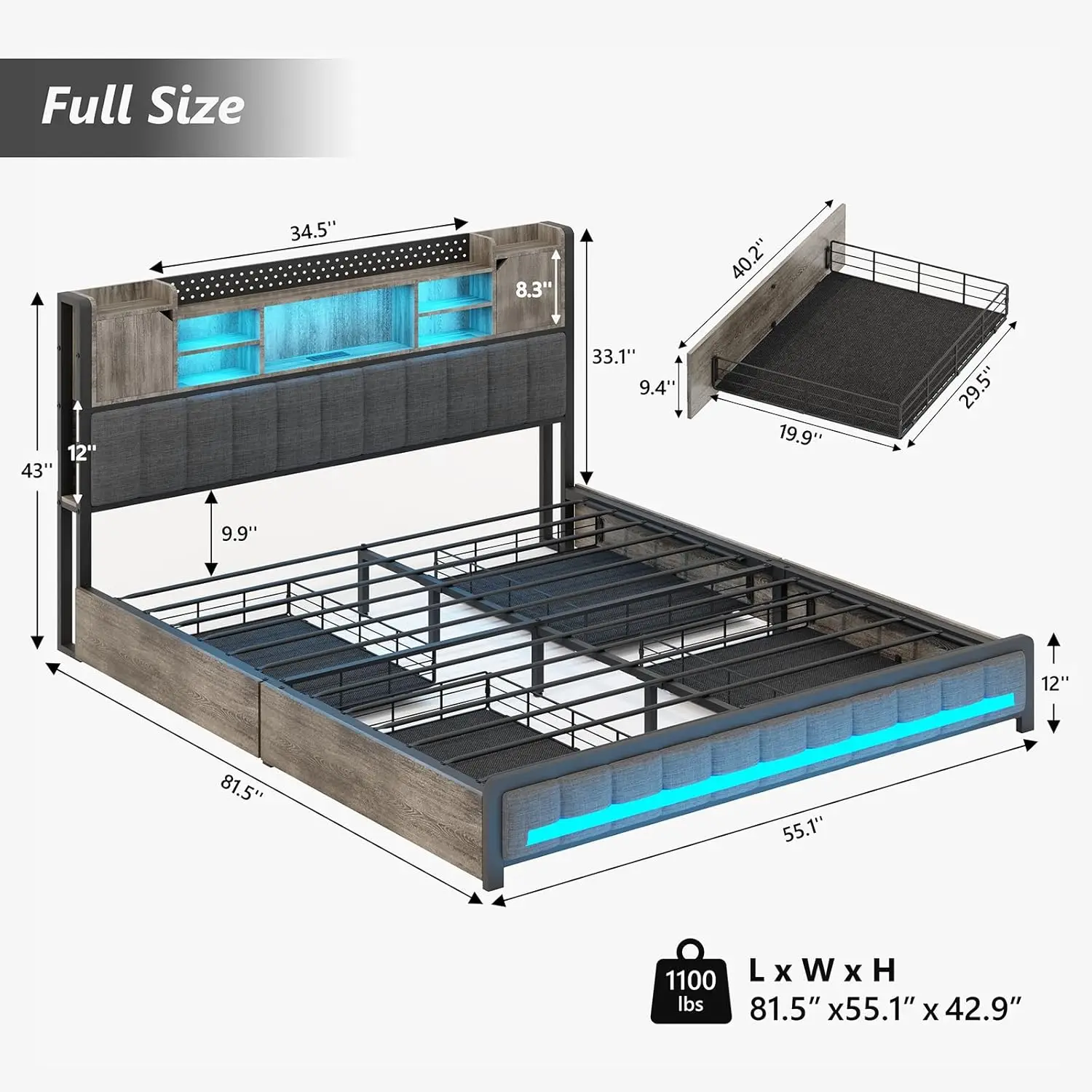 Struttura completa del letto con 4 cassetti portaoggetti e testiera della libreria, letto imbottito Full Size con stazione di ricarica USB e luci a LED