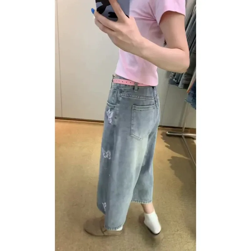 Summer Women's Butterfly Print Wide-leg Denim Shorts High Waist Half Trousers Cute Girl Calf-length Pant Female Retro Streetwear
