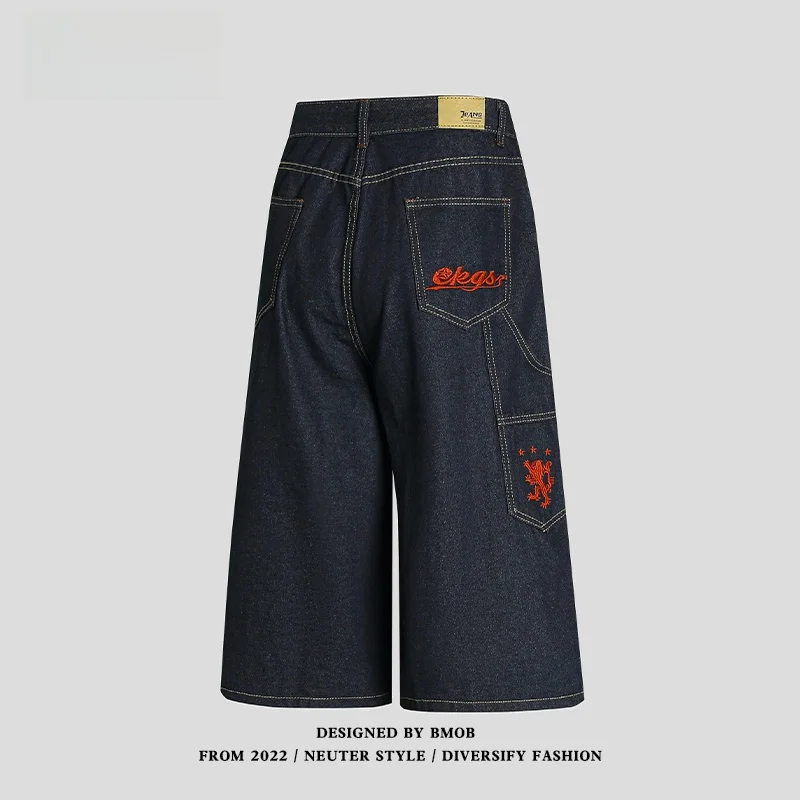 

Ретро-джинсы американского стиля с вышивкой, свободные, широкие, мужские, летние, повседневные, модные, укороченные (7/8) брюки